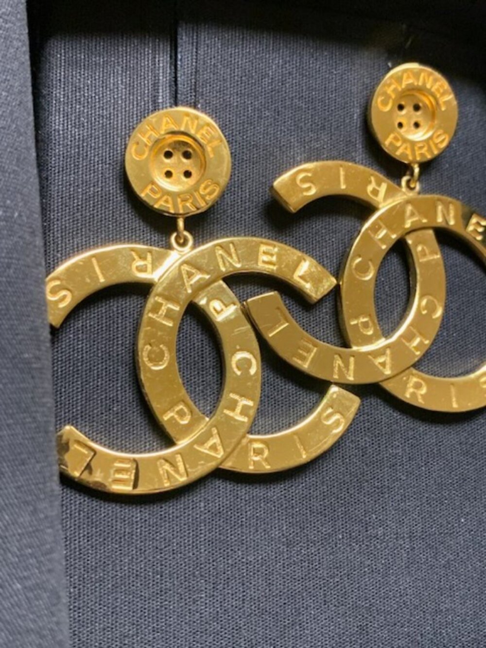 Chanel Metal Large Paris Button Earrings Gold